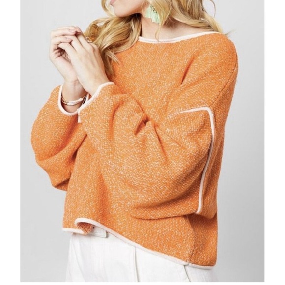 Free People Bardot Drop Shoulder Cropped Pullover Sweater Size XS Orange Peel - Picture 2 of 7